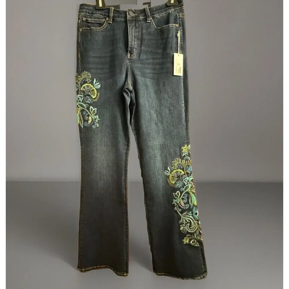 Soft Surroundings Women's Boot Cut Jeans - Black with Colorful Embroidery - Picture 1 of 11